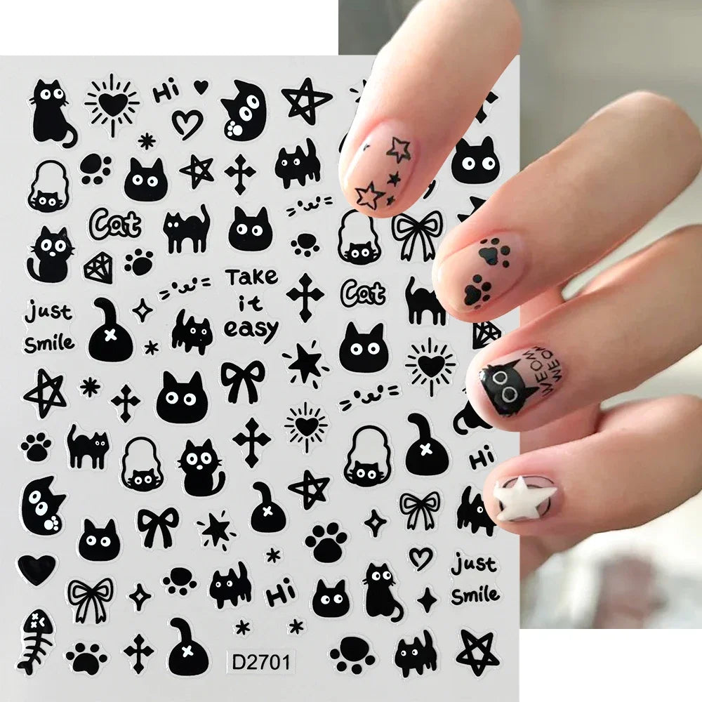 Nailpolishstore 3D Black Silver Cat Stars Cute Cartoon Nail Art Sticker Decals Nail Sliders Korean Japanese Kids cat Nail Stickers