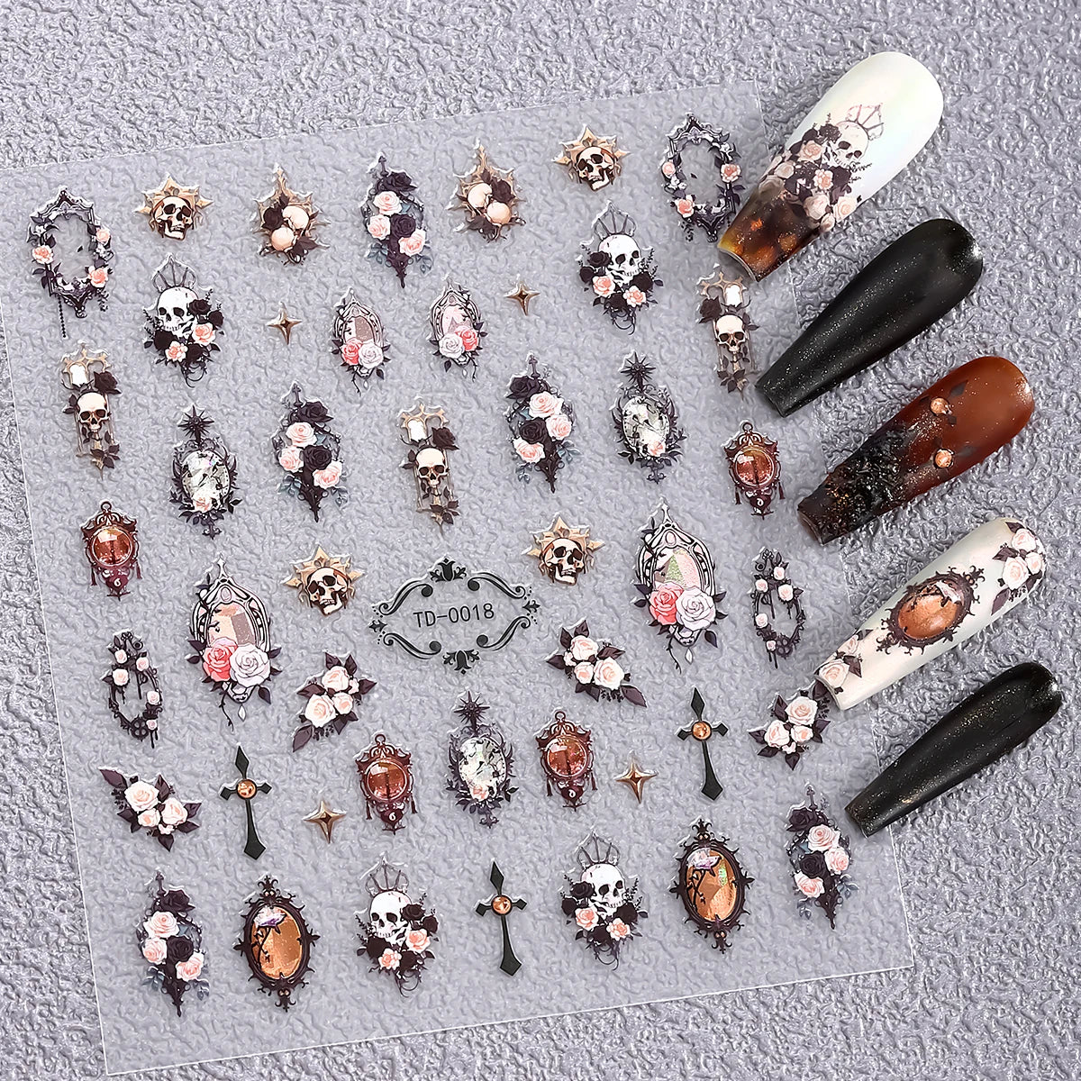 Gothic 5D Rose Decal Soft Glue Embossed Nail Art Sticker Decals 2025 Dark Style DIY Goth Nail Stickers Nail Wraps in Heart Shape