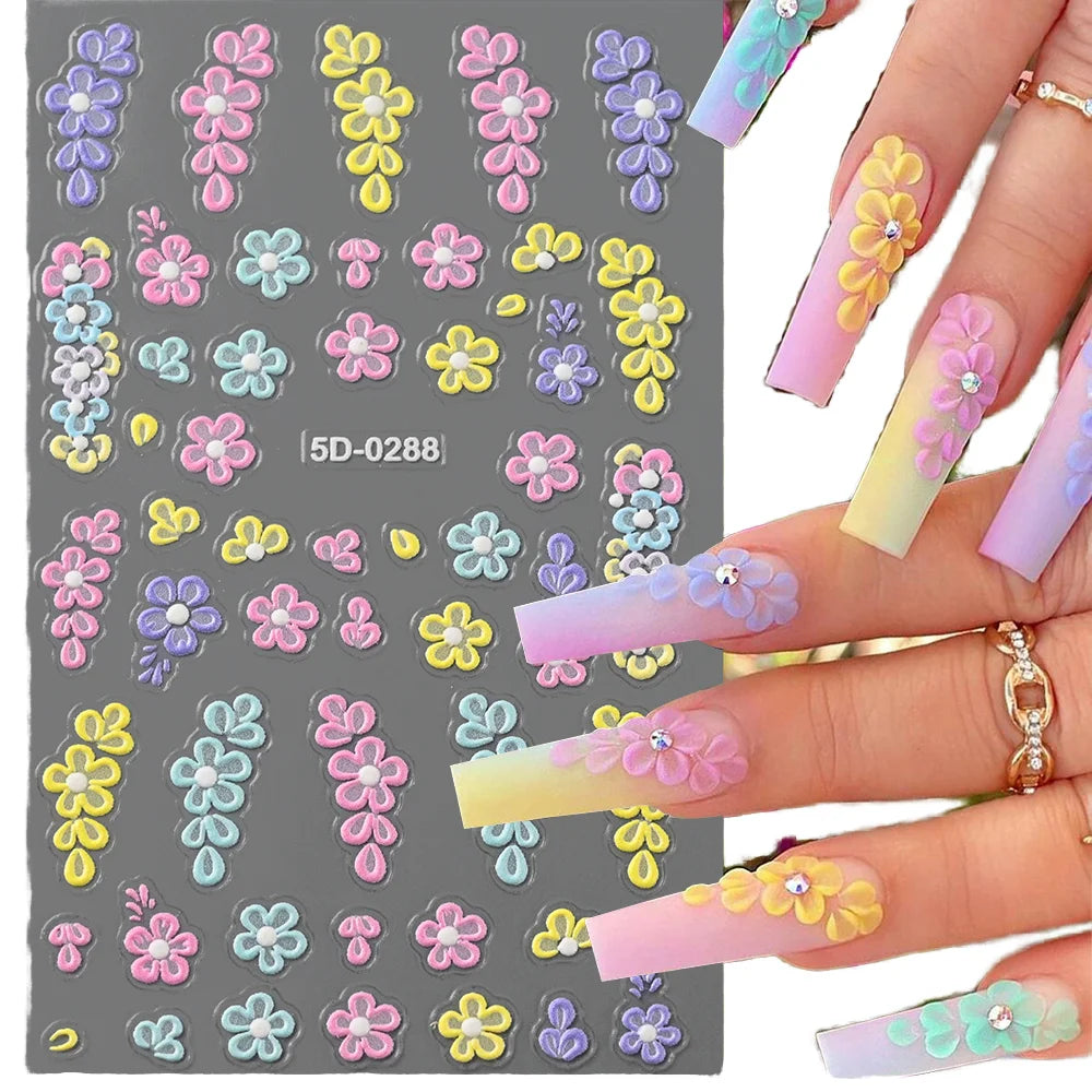 Nailpolishstore High Quality New Cute Flower Nail Art Stickers Hot Sale 5D Embossed Flower Nail Stickers with Petal Line