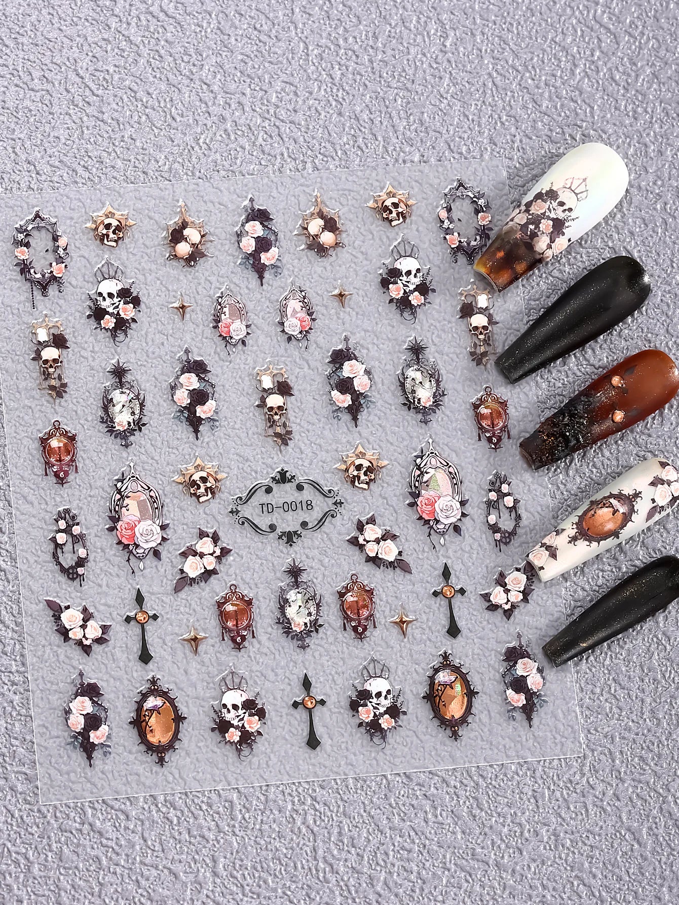 Gothic 5D Rose Decal Soft Glue Embossed Nail Art Sticker Decals 2025 Dark Style DIY Goth Nail Stickers Nail Wraps in Heart Shape