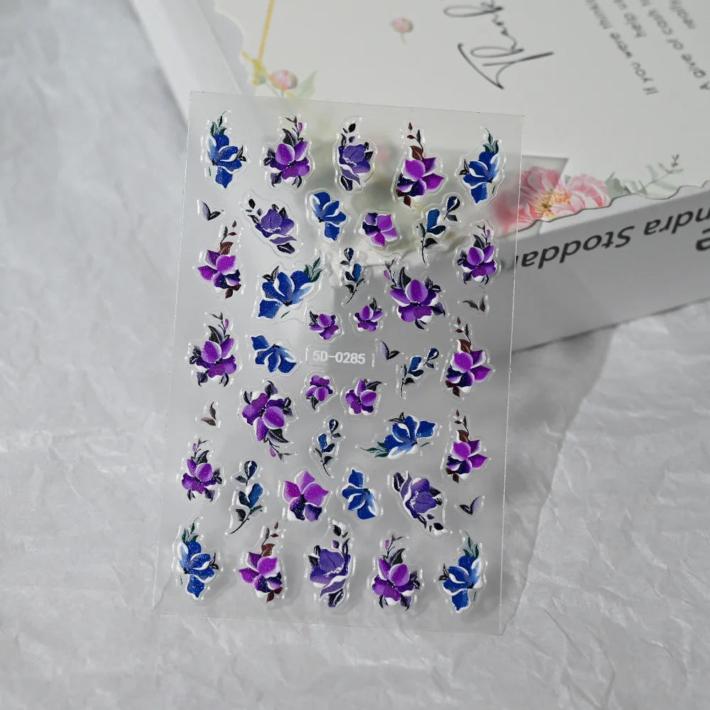 Nailpolishstore High Quality New Cute Flower Nail Art Stickers Hot Sale 5D Embossed Flower Nail Stickers with Petal Line