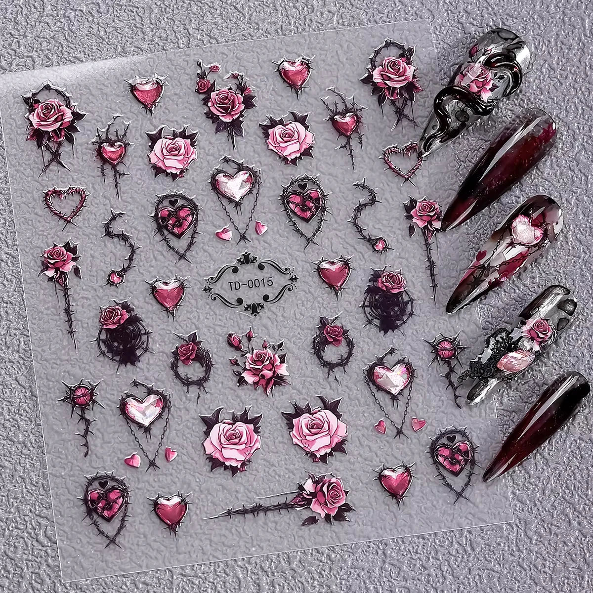 Gothic 5D Rose Decal Soft Glue Embossed Nail Art Sticker Decals 2025 Dark Style DIY Goth Nail Stickers Nail Wraps in Heart Shape