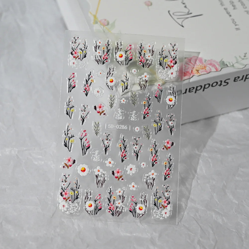 Nailpolishstore High Quality New Cute Flower Nail Art Stickers Hot Sale 5D Embossed Flower Nail Stickers with Petal Line