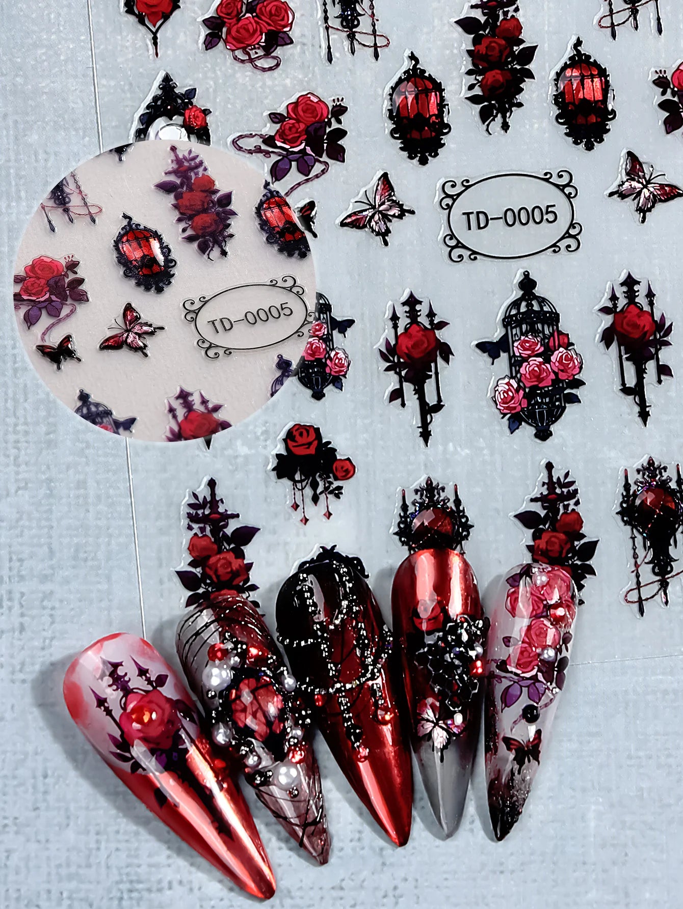 Gothic 5D Rose Decal Soft Glue Embossed Nail Art Sticker Decals 2025 Dark Style DIY Goth Nail Stickers Nail Wraps in Heart Shape