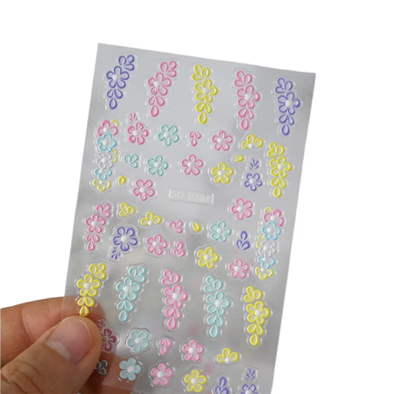 Nailpolishstore High Quality New Cute Flower Nail Art Stickers Hot Sale 5D Embossed Flower Nail Stickers with Petal Line