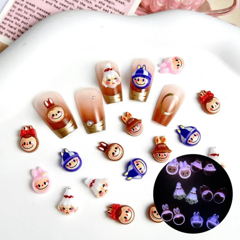 Cyber-Famous 3D Cartoon Labubu Nail Jewelry Kawaii Design Luminous Cloth Hair Clip DIY Resin Accessories Hot Gel Cream Decals