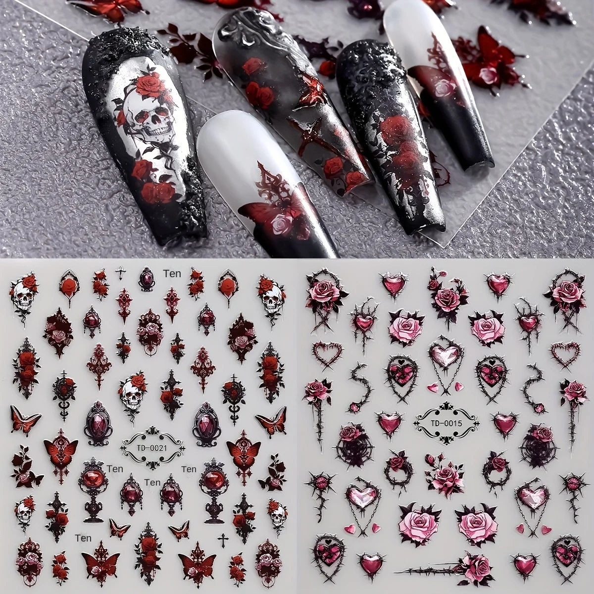 Gothic 5D Rose Decal Soft Glue Embossed Nail Art Sticker Decals 2025 Dark Style DIY Goth Nail Stickers Nail Wraps in Heart Shape