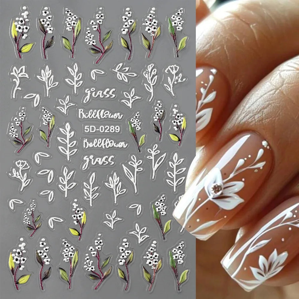 Nailpolishstore High Quality New Cute Flower Nail Art Stickers Hot Sale 5D Embossed Flower Nail Stickers with Petal Line