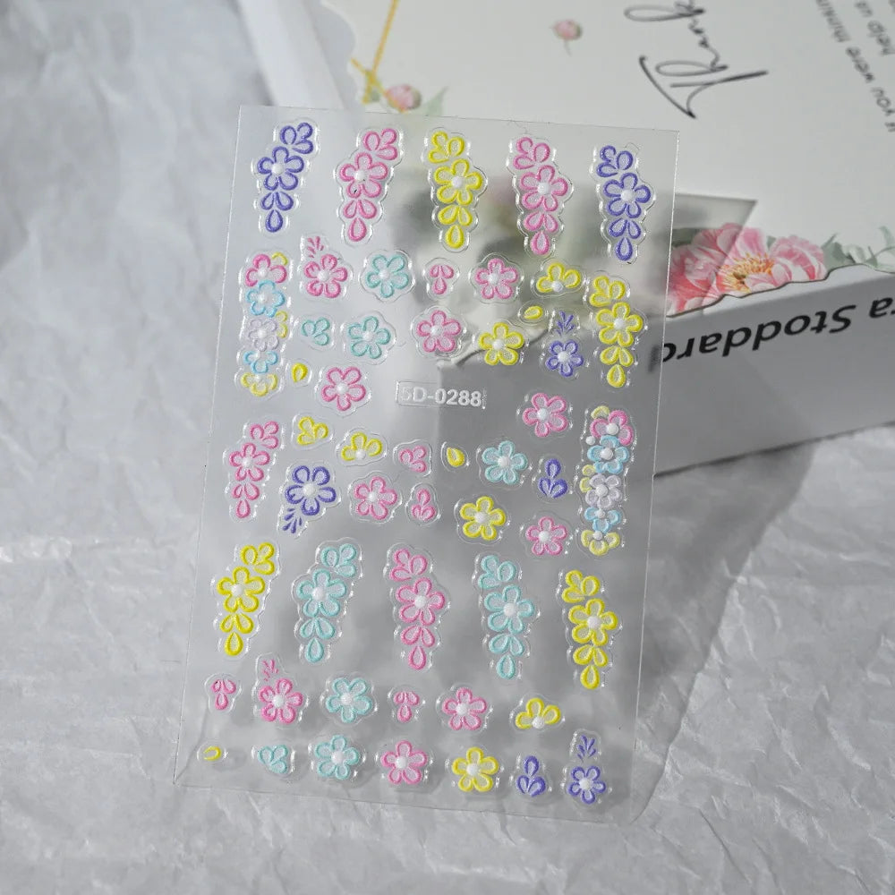 Nailpolishstore High Quality New Cute Flower Nail Art Stickers Hot Sale 5D Embossed Flower Nail Stickers with Petal Line