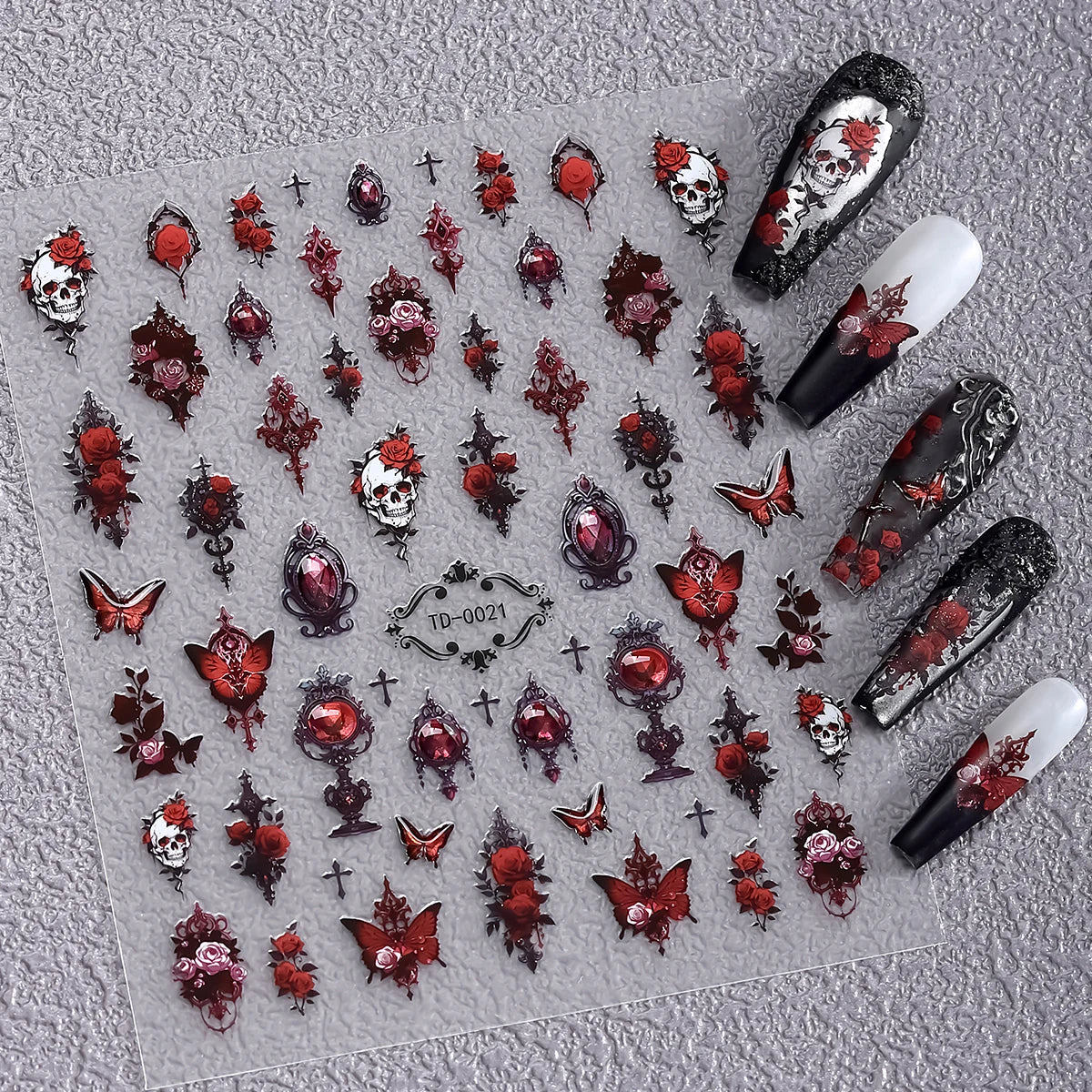 Gothic 5D Rose Decal Soft Glue Embossed Nail Art Sticker Decals 2025 Dark Style DIY Goth Nail Stickers Nail Wraps in Heart Shape
