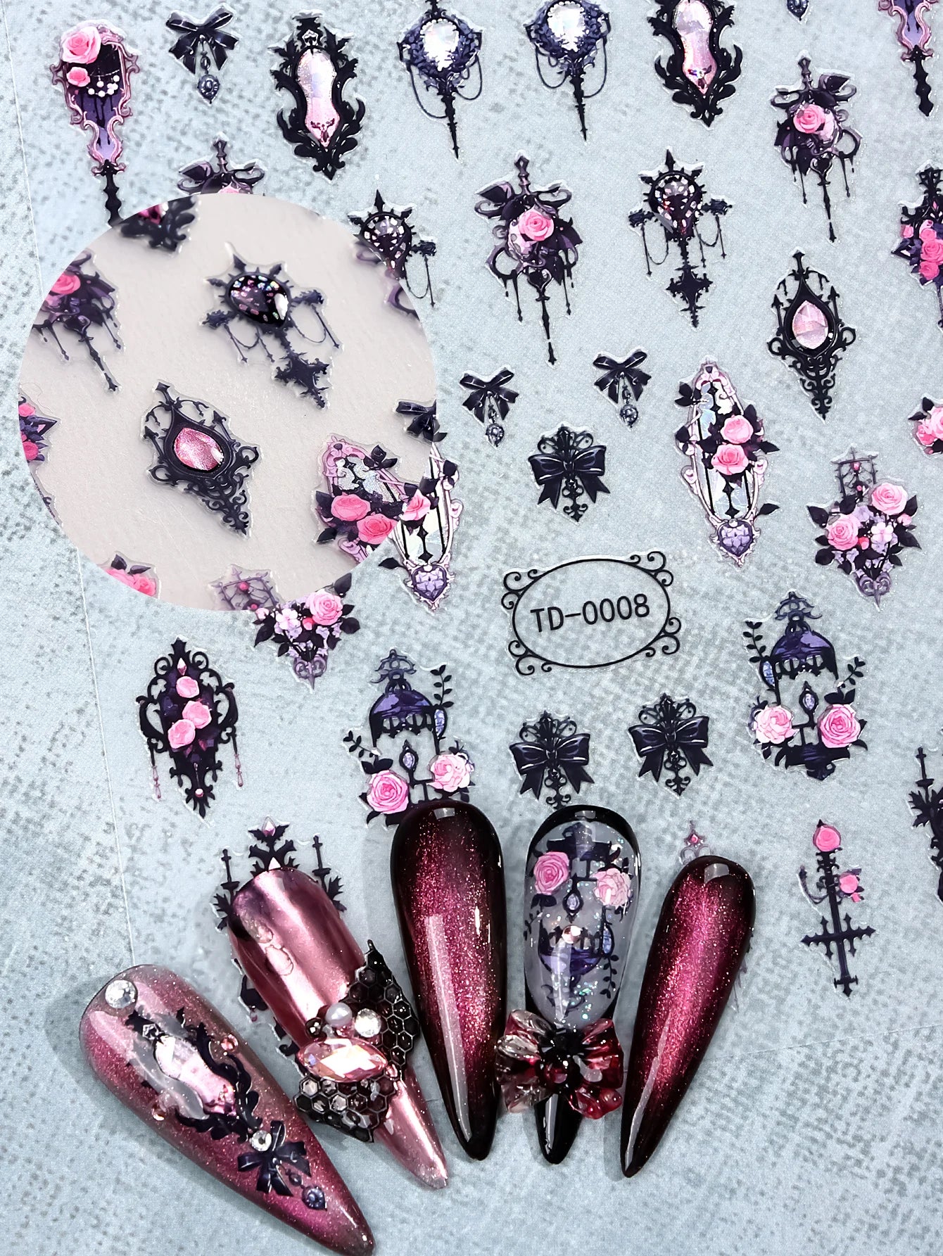 Gothic 5D Rose Decal Soft Glue Embossed Nail Art Sticker Decals 2025 Dark Style DIY Goth Nail Stickers Nail Wraps in Heart Shape