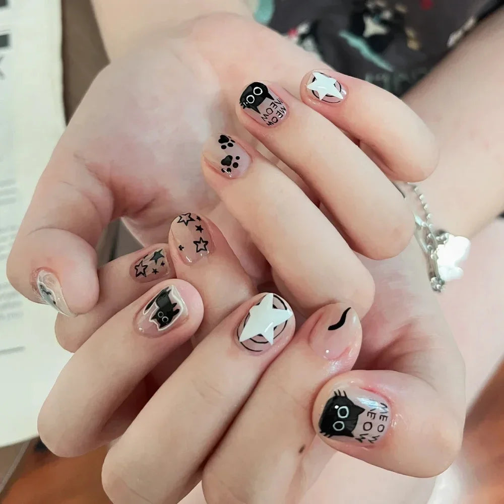 Nailpolishstore 3D Black Silver Cat Stars Cute Cartoon Nail Art Sticker Decals Nail Sliders Korean Japanese Kids cat Nail Stickers