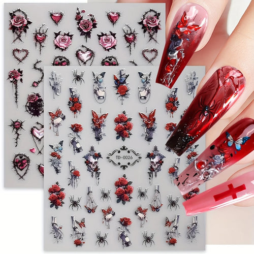 Gothic 5D Rose Decal Soft Glue Embossed Nail Art Sticker Decals 2025 Dark Style DIY Goth Nail Stickers Nail Wraps in Heart Shape