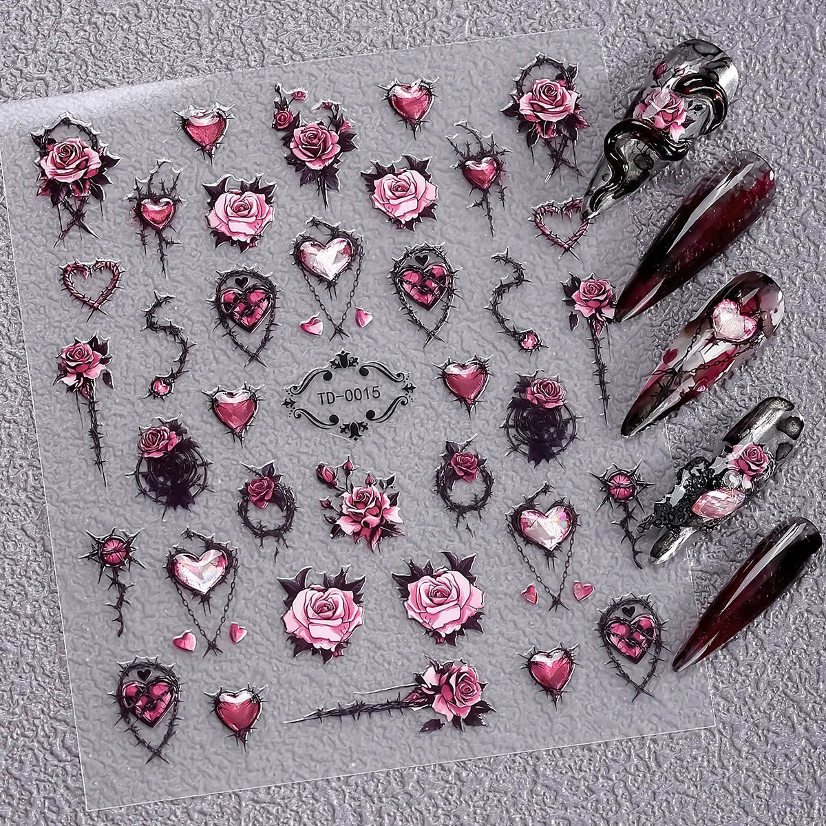 Gothic 5D Rose Decal Soft Glue Embossed Nail Art Sticker Decals 2025 Dark Style DIY Goth Nail Stickers Nail Wraps in Heart Shape