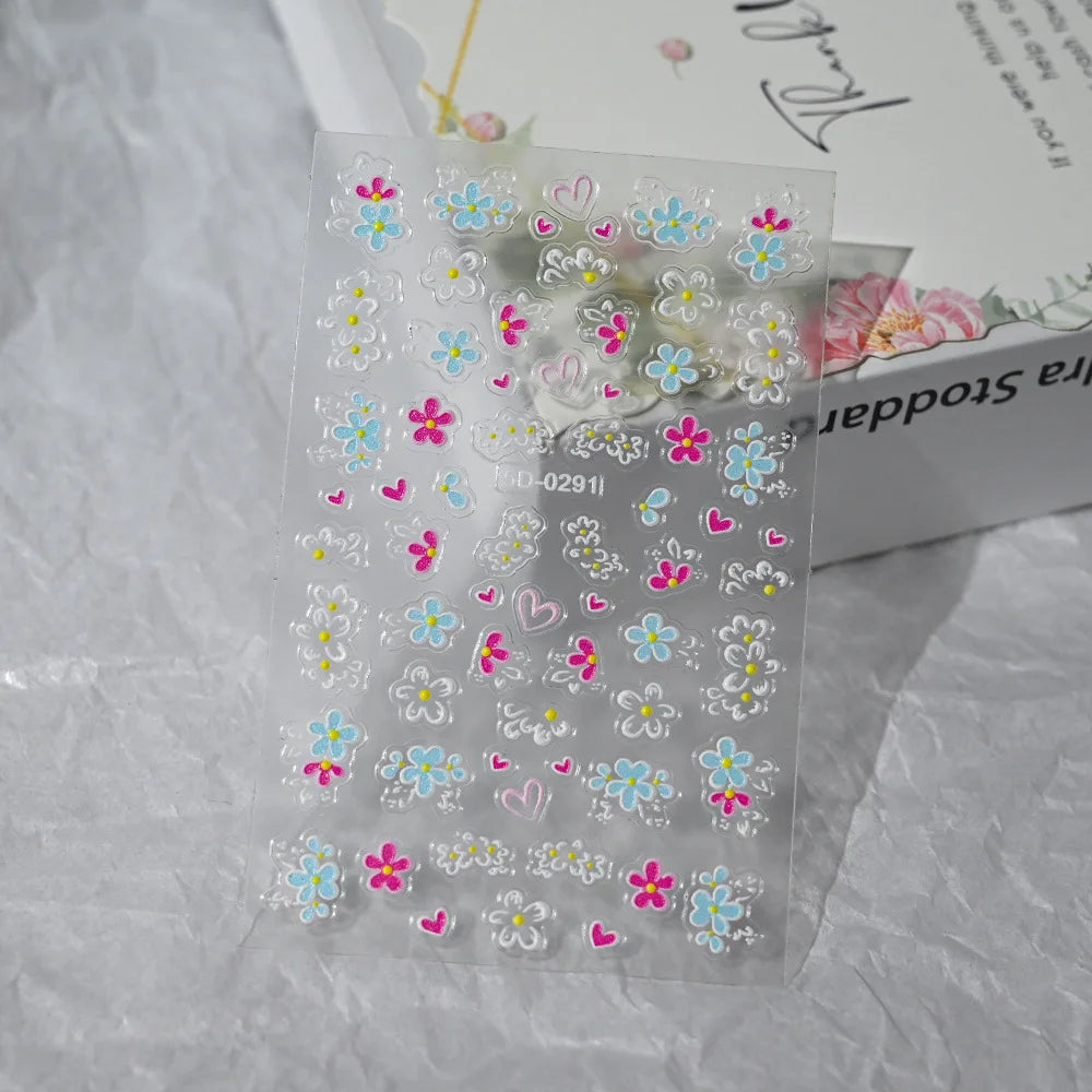 Nailpolishstore High Quality New Cute Flower Nail Art Stickers Hot Sale 5D Embossed Flower Nail Stickers with Petal Line